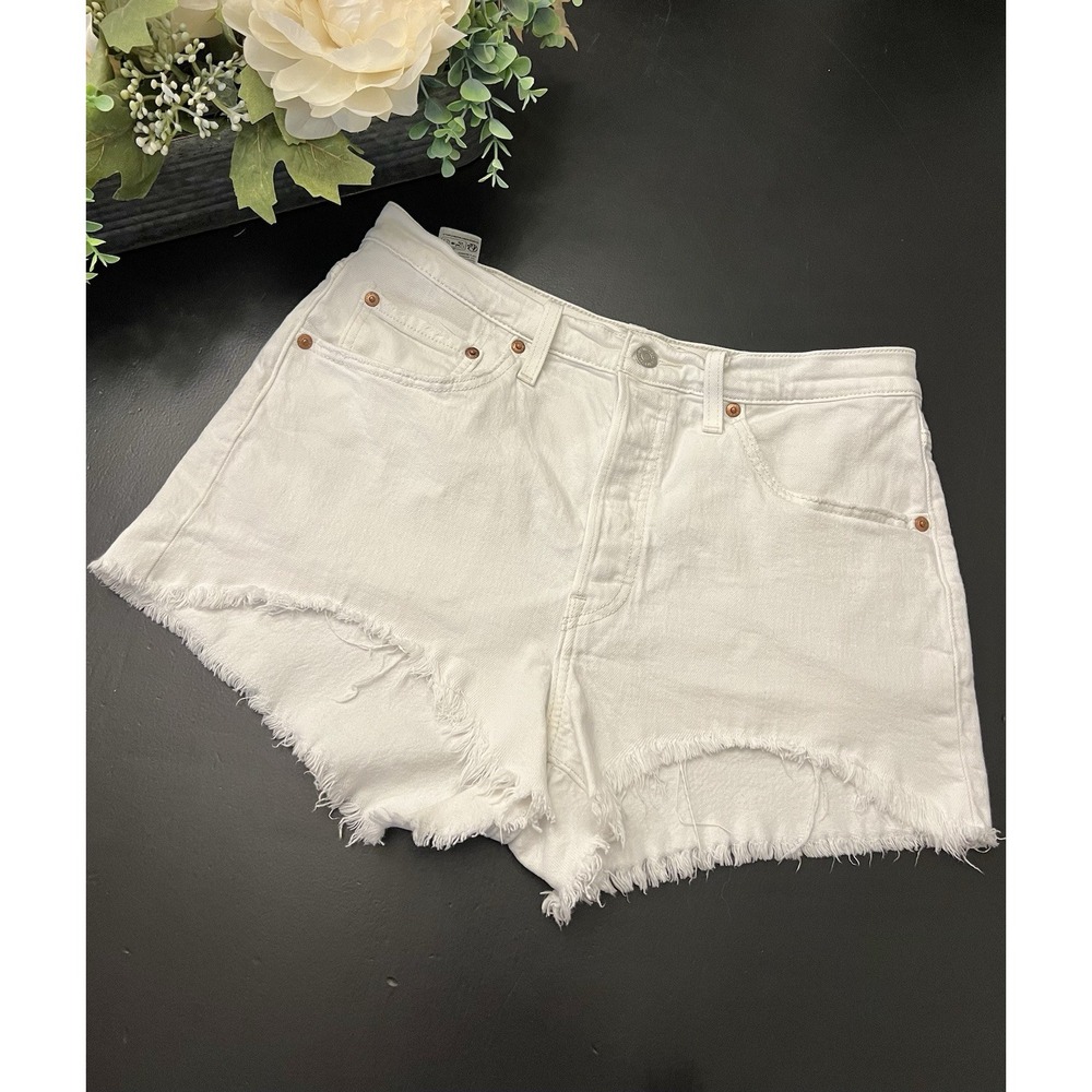Levi Strauss Co White Button Fly High Waisted Raw Hem Cut Off Shorts Sz 31